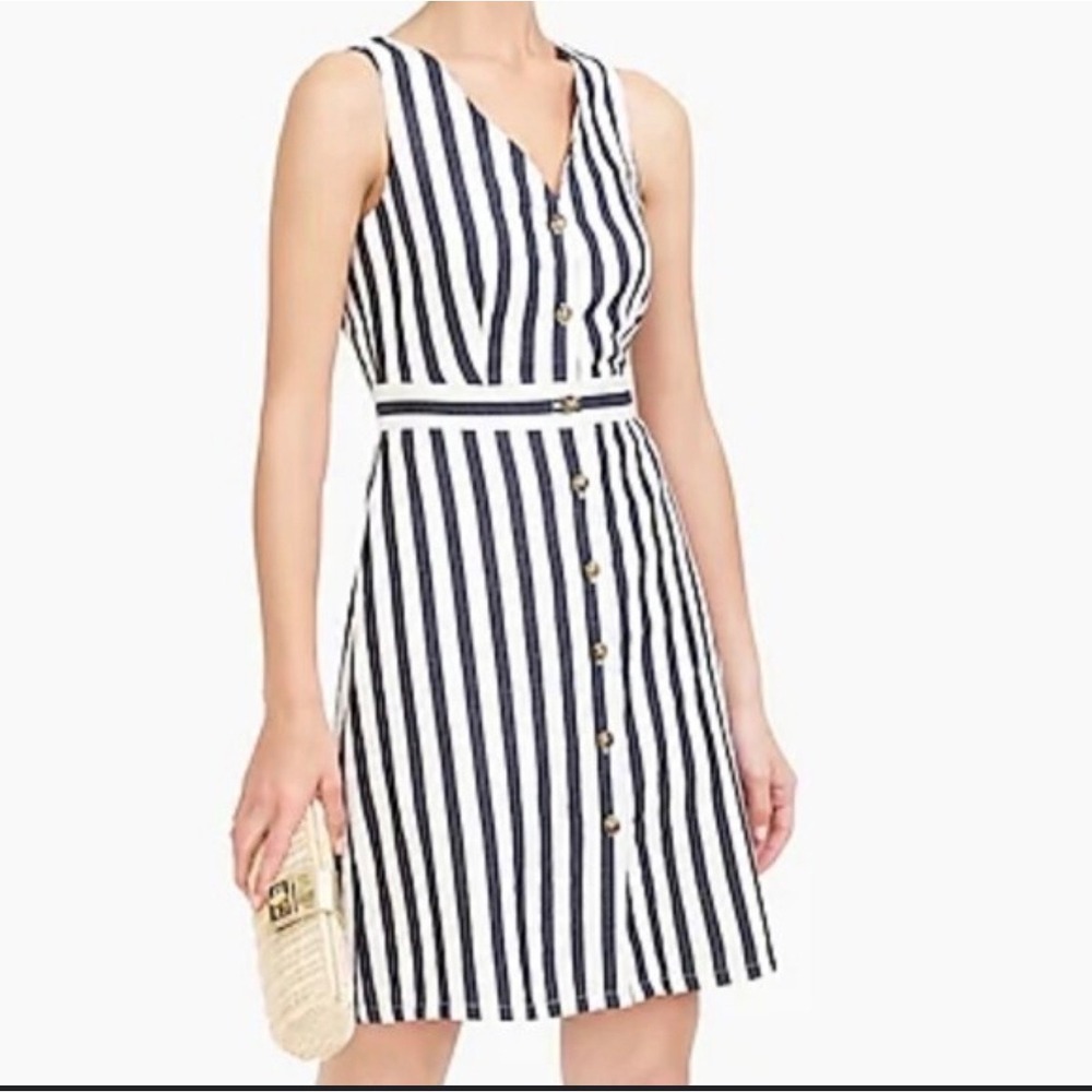 J. Crew‎ Striped V Neck Button Front A Line Dress Navy White Size 10 Linen Blend